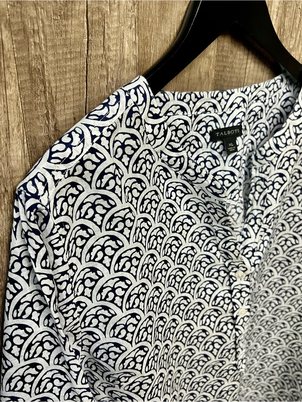 Talbots 100% Linen Printed Split Neck Roll-Tab Sleeve Tunic Blouse Size XL